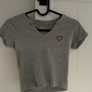 Hollister Heather Gray V-Neck Crop Top with Red Heart